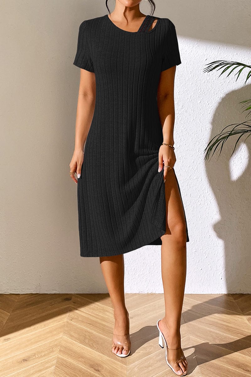 Ribbed Asymmetrical Neck Short Sleeve Dress - Body By J'ne