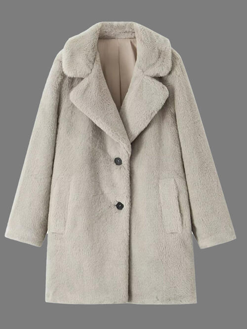 Faux Fur Button Up Lapel Neck Coat with Pocket - Body By J'ne