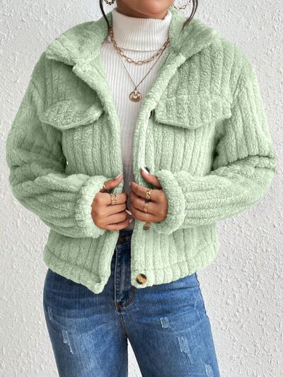 Fuzzy Button Up Collared Neck Jacket - Body By J'ne