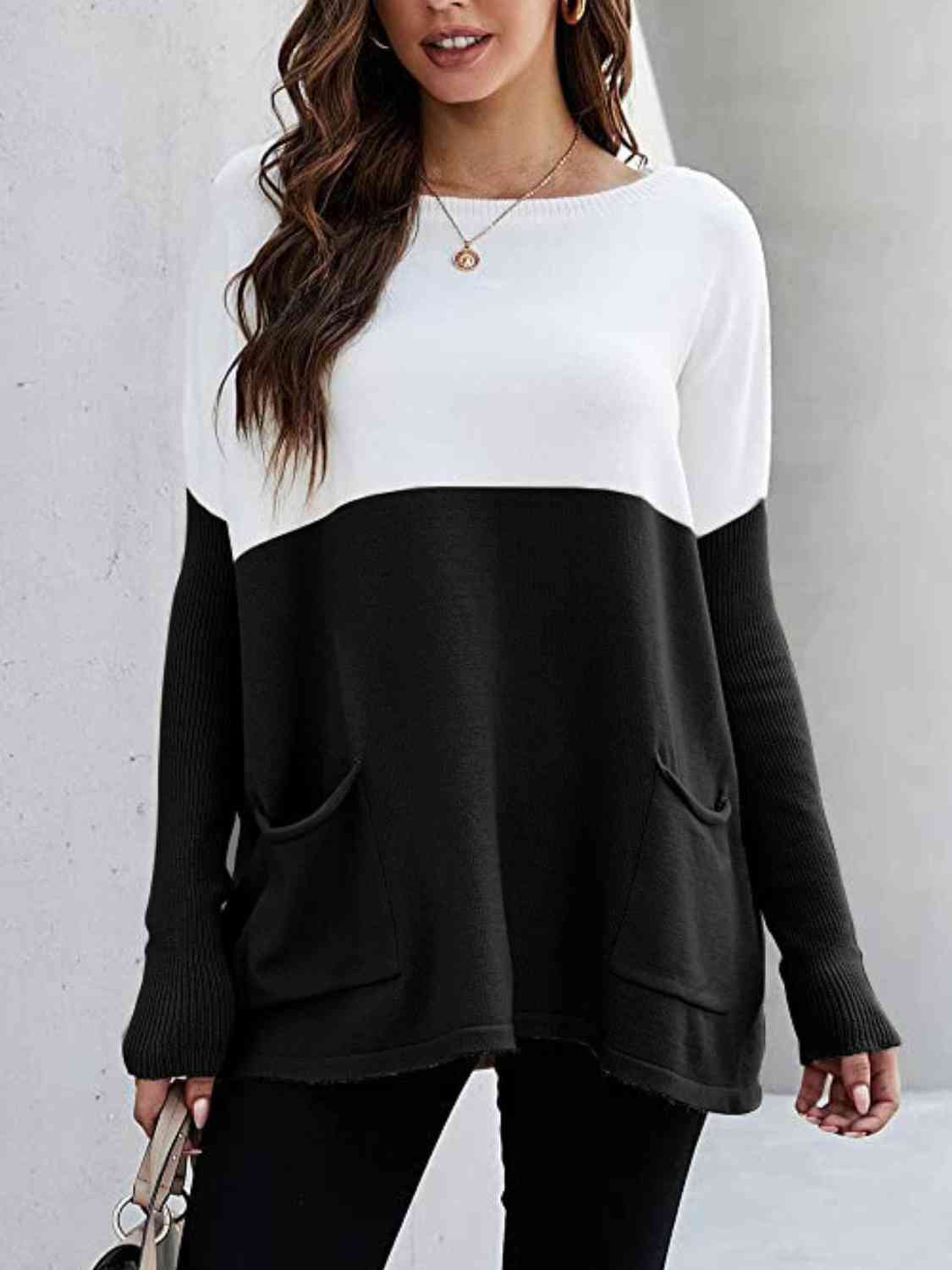 Two Tone Pullover Sweater with Pockets - Body By J'ne