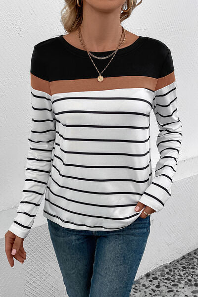 Striped Round Neck Long Sleeve T-Shirt - Body By J'ne