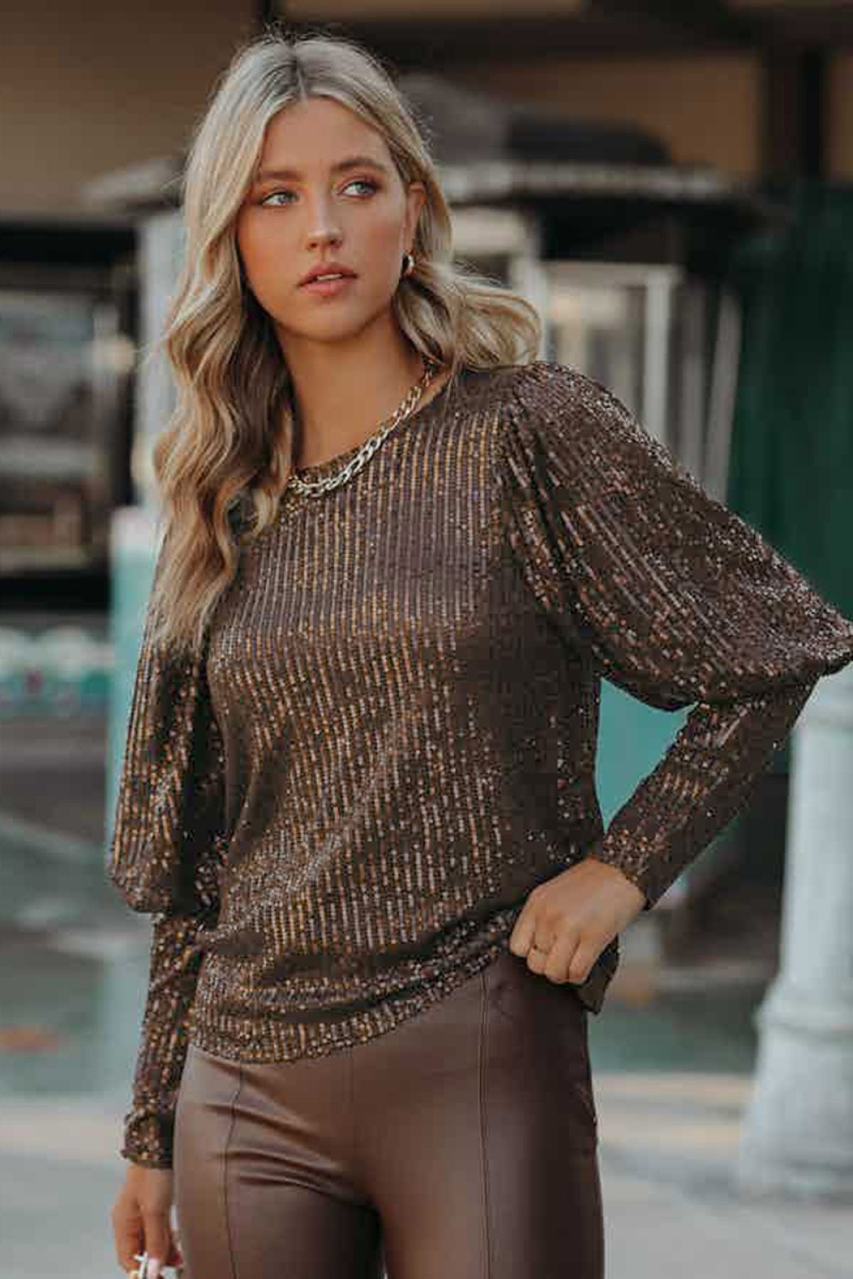 Brown Cuffed Sequin Top - Body By J'ne