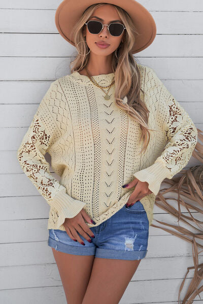 Openwork Lantern Sleeve Dropped Shoulder Sweater - Body By J'ne