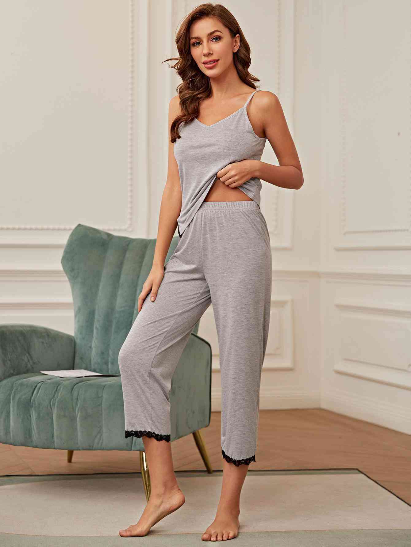 V-Neck Lace Trim Slit Cami and Pants Pajama Set - Body By J'ne