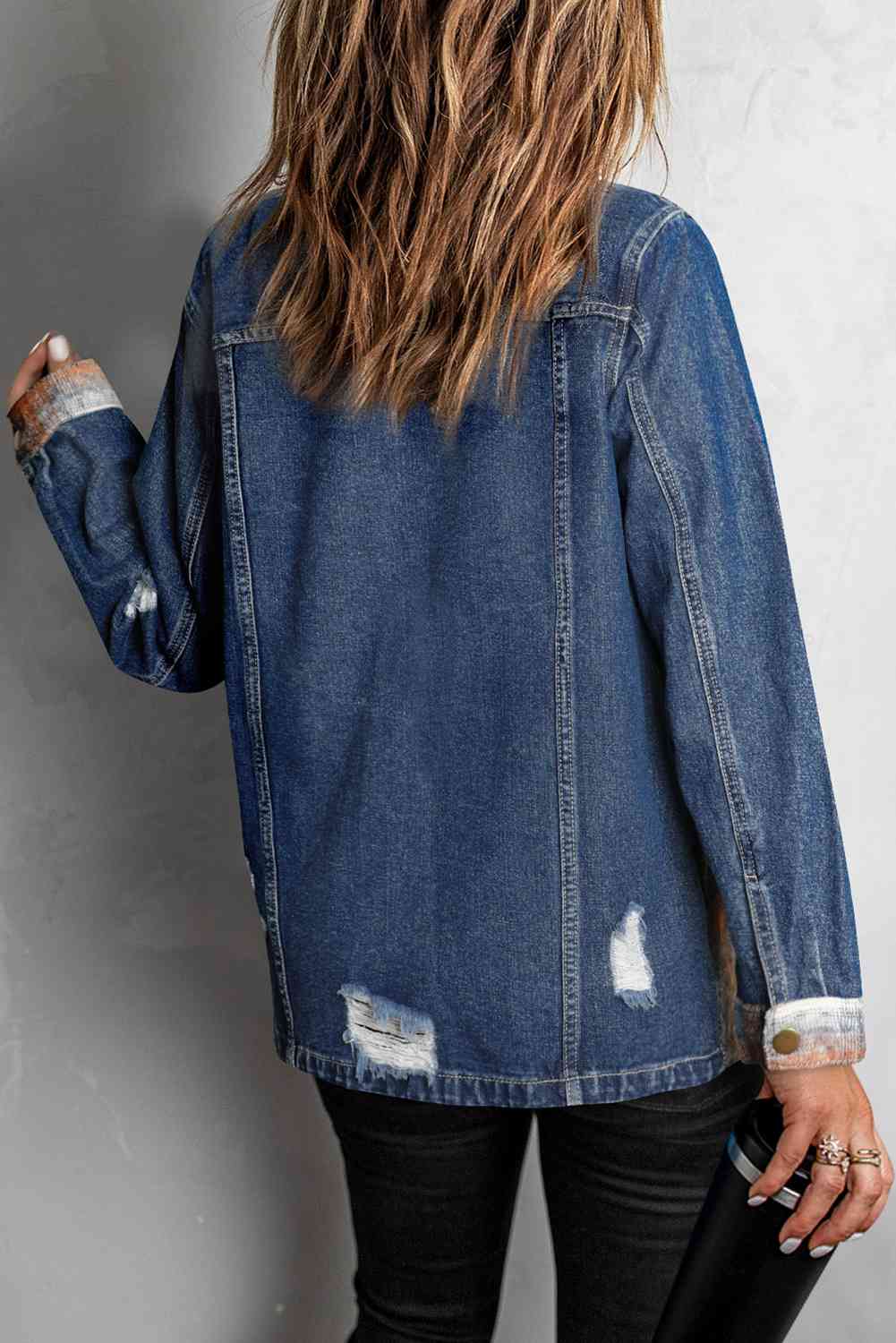 Plaid Distressed Raw Hem Snap Down Denim Jacket - Body By J'ne