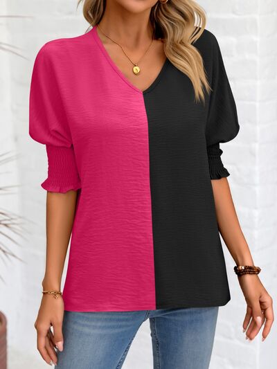 Contrast V-Neck Lantern Sleeve Blouse - Body By J'ne