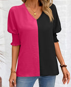 Contrast V-Neck Lantern Sleeve Blouse - Body By J'ne