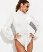 Backless Tie-Waist Turtleneck Lantern Sleeve Bodysuit - Body By J'ne