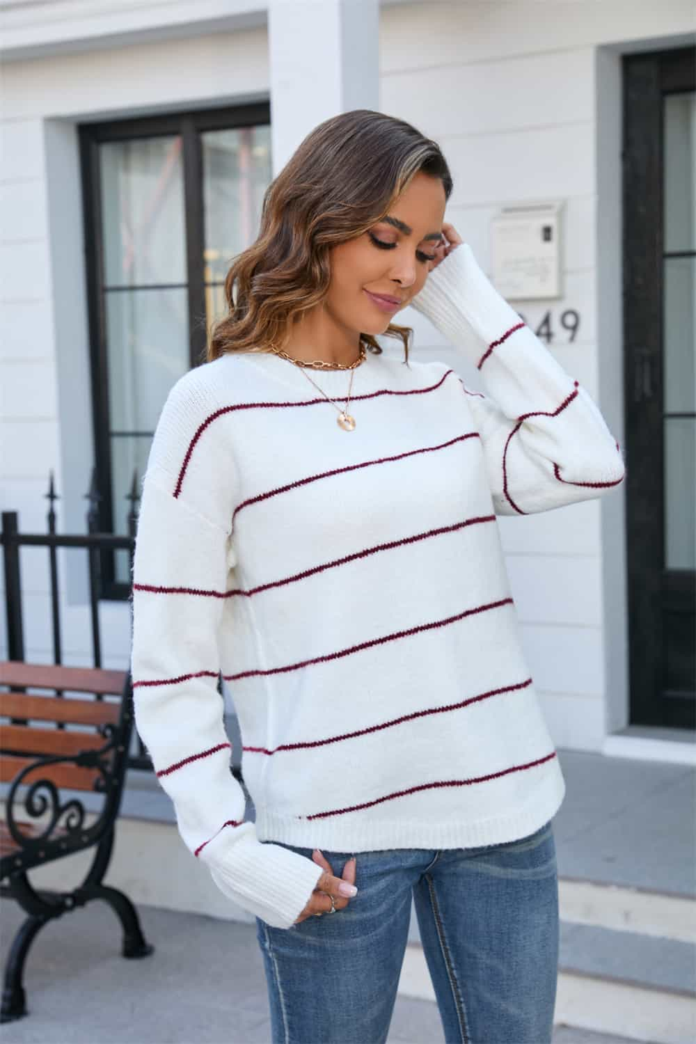 Striped Round Neck Long Sleeve Sweater - Body By J'ne