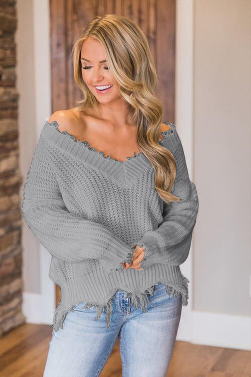 Frayed Hem Dropped Shoulder Sweater - Body By J'ne