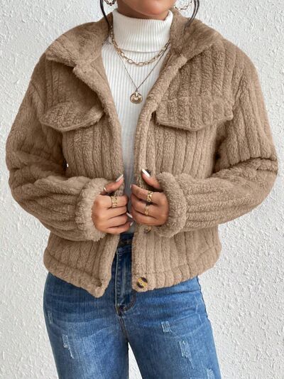 Fuzzy Button Up Collared Neck Jacket - Body By J'ne