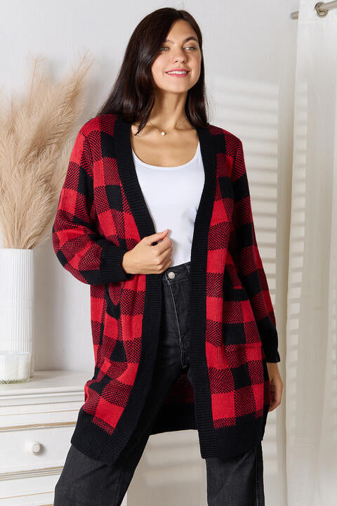 Full Size Plaid Open Front Cardigan with Pockets - Body By J'ne