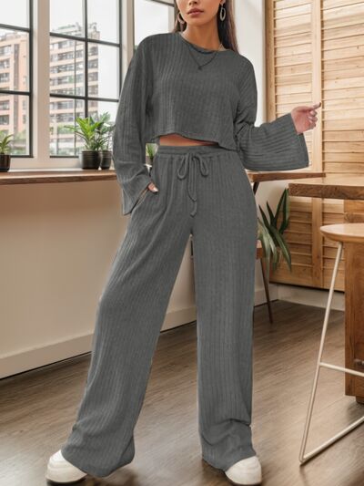 Ribbed Round Neck Top and Drawstring Pants Set - Body By J'ne