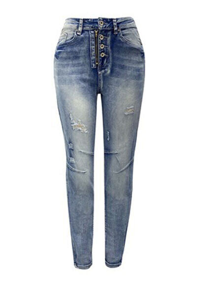 Distressed Button-Fly Jeans with Pockets - Body By J'ne