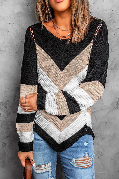 Eyelet Color Block Long Sleeve Sweater - Body By J'ne