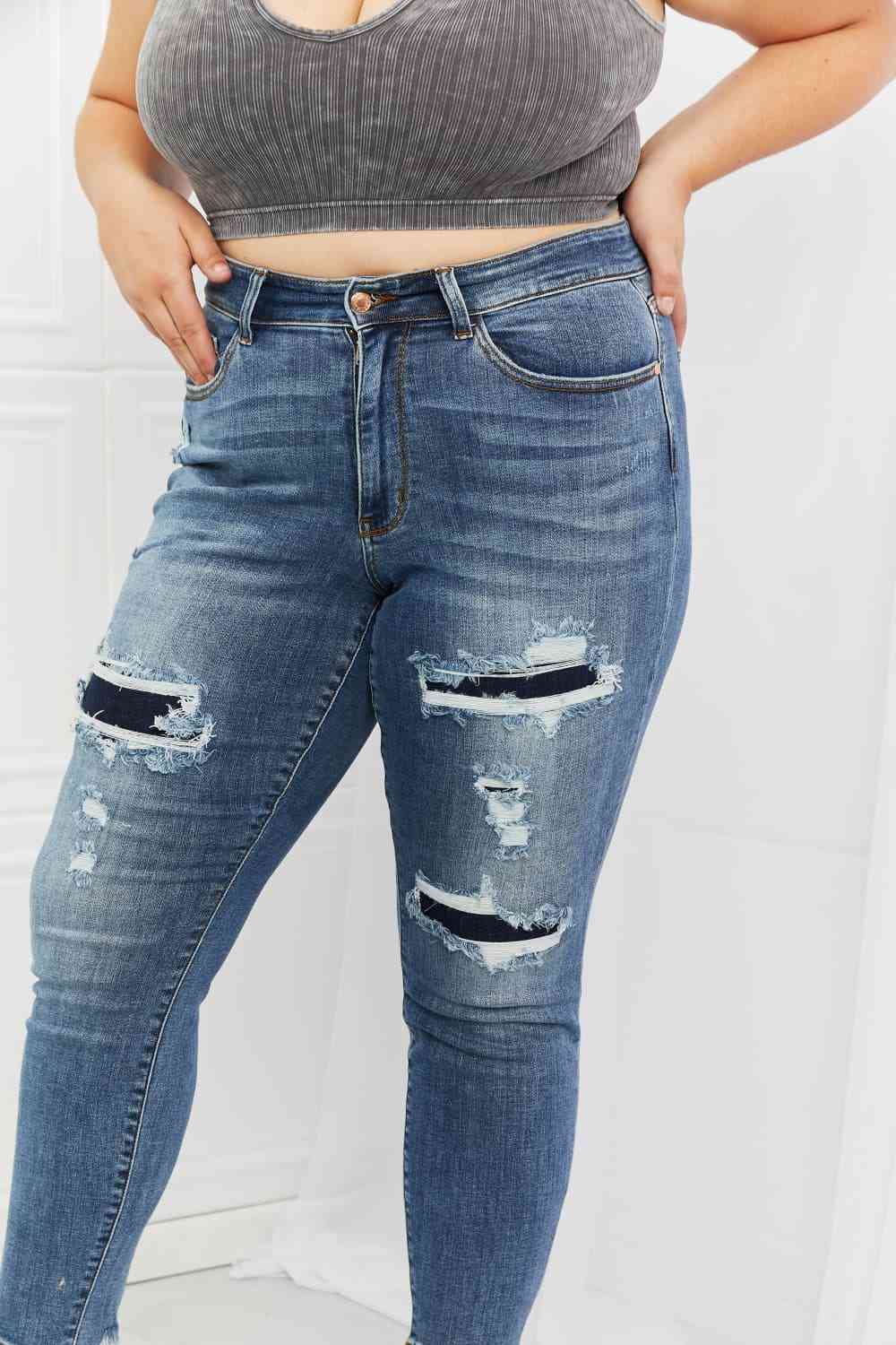 Dahlia Full Size Distressed Patch Jeans - Body By J'ne