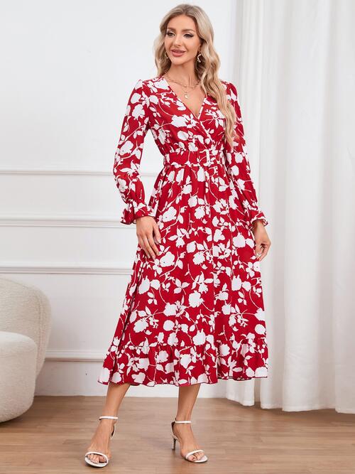 Floral Surplice Flounce Sleeve Ruffle Hem Dress - Body By J'ne