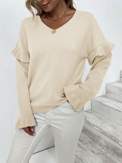 Ruffled V-Neck Dropped Shoulder Sweater - Body By J'ne