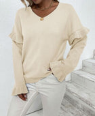 Ruffled V-Neck Dropped Shoulder Sweater - Body By J'ne