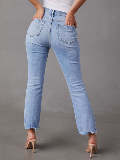 Distressed Raw Hem Jeans with Pockets - Body By J'ne