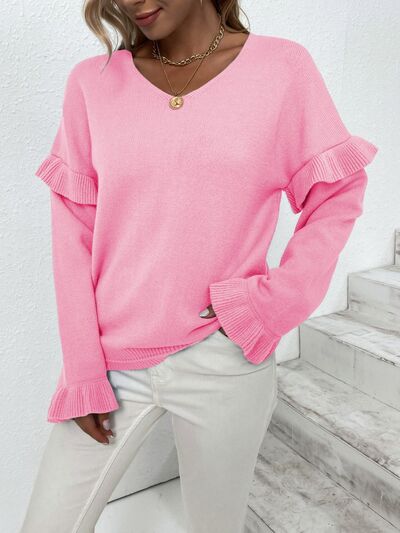 Ruffled V-Neck Dropped Shoulder Sweater - Body By J'ne