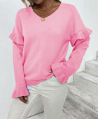 Ruffled V-Neck Dropped Shoulder Sweater - Body By J'ne