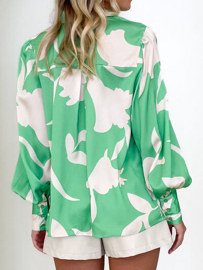 Printed Button Up Lantern Sleeve Shirt - Body By J'ne