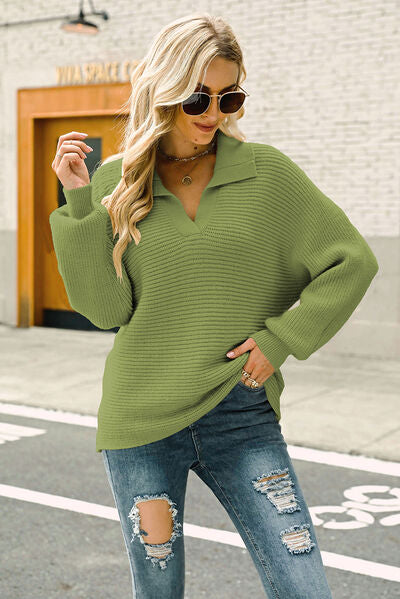 Ribbed Johnny Collar Pullover Sweater - Body By J'ne