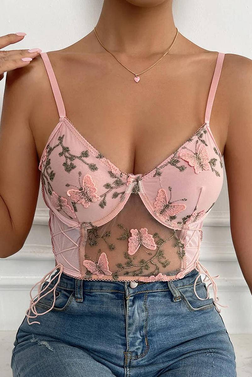 Embroidered Butterfly Side Tie Mesh Bustier Bralette - Body By J'ne