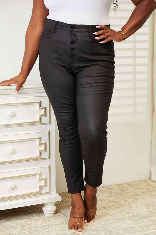 Full Size High Rise Black Coated Ankle Skinny Jeans - Body By J'ne