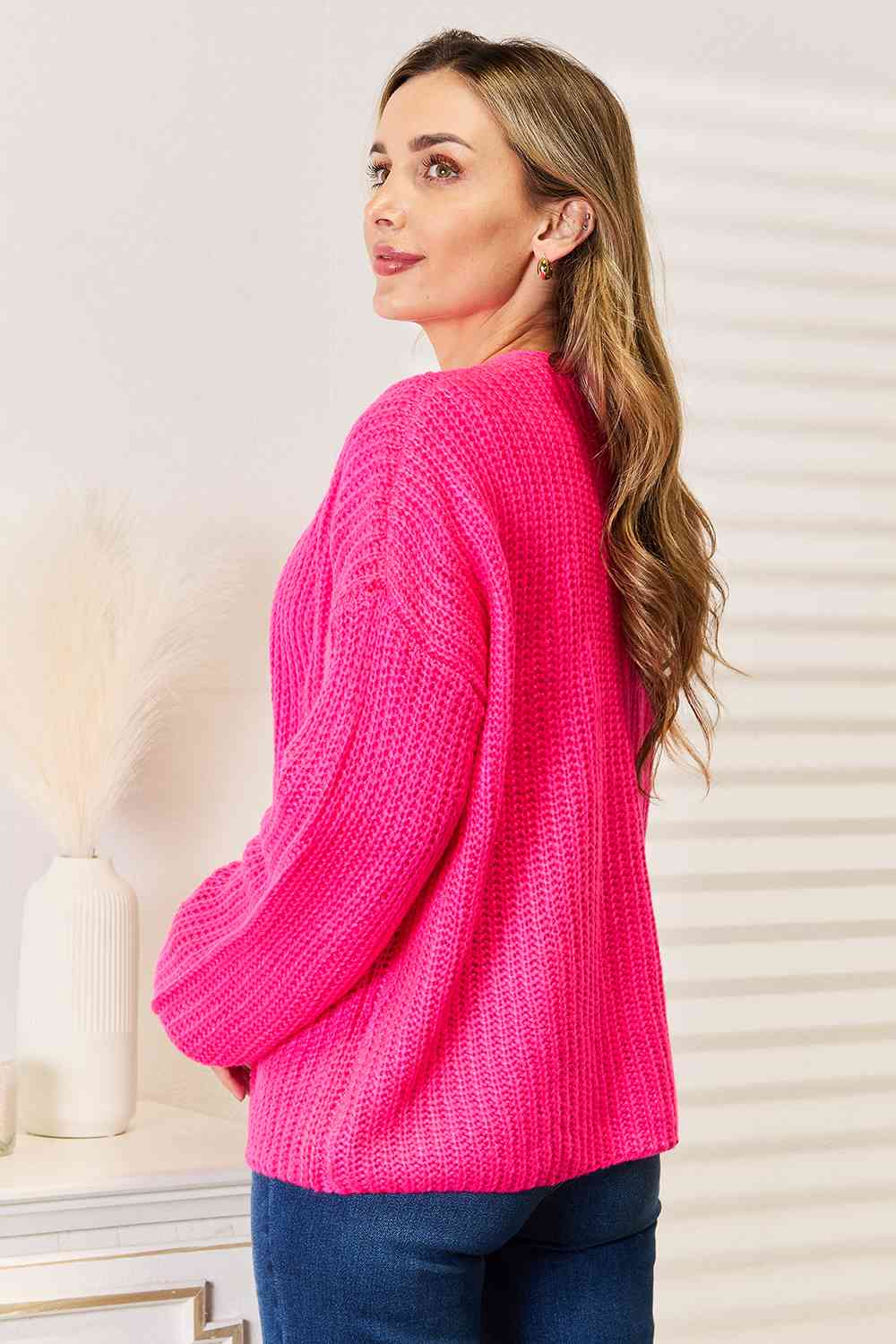 Rib-Knit Open Front Drop Shoulder Cardigan - Body By J'ne