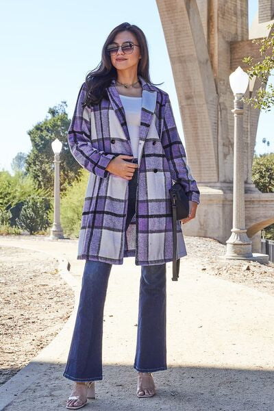 Full Size Plaid Button Up Lapel Collar Coat - Body By J'ne