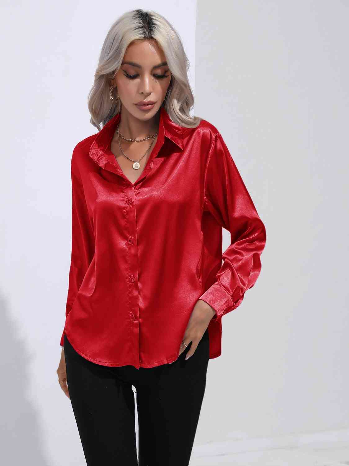 Collared Neck Buttoned Long Sleeve Shirt - Body By J'ne