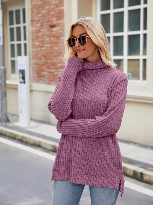 Ribbed Turtleneck Long Sleeve Slit Knit Top - Body By J'ne