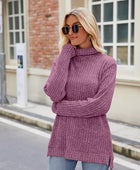 Ribbed Turtleneck Long Sleeve Slit Knit Top - Body By J'ne