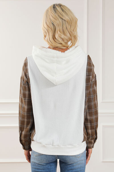 Plaid Waffle-Knit Drawstring Kangaroo Pocket Hoodie - Body By J'ne