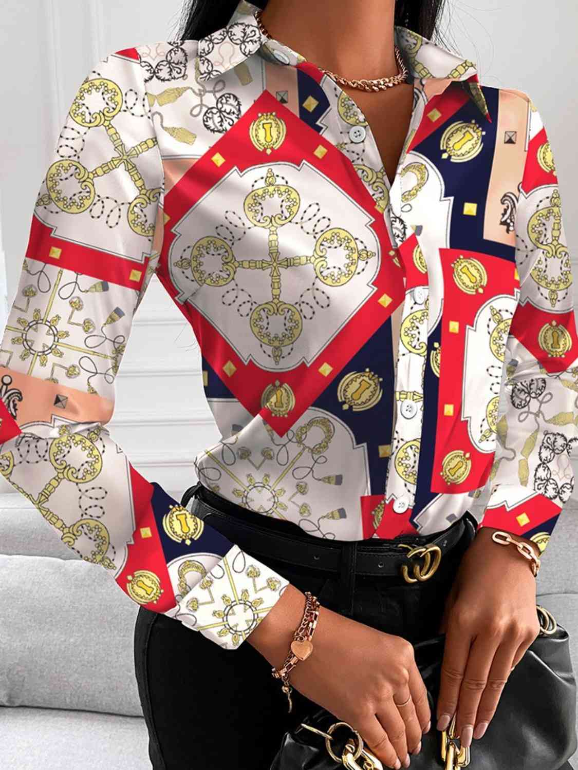 Printed Collared Neck Long Sleeve Shirt - Body By J'ne