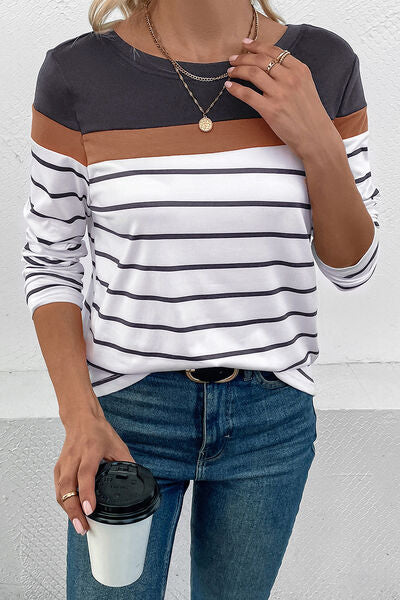 Striped Round Neck Long Sleeve T-Shirt - Body By J'ne