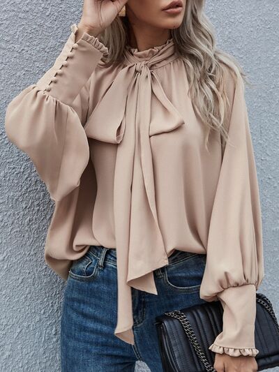 Tie Neck Lantern Sleeve Blouse - Body By J'ne