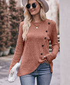 Double Take Ribbed Round Neck Buttoned Long Sleeve Tee - Body By J'ne