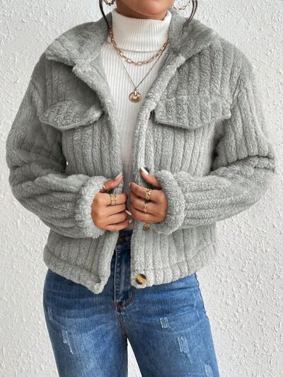 Fuzzy Button Up Collared Neck Jacket - Body By J'ne