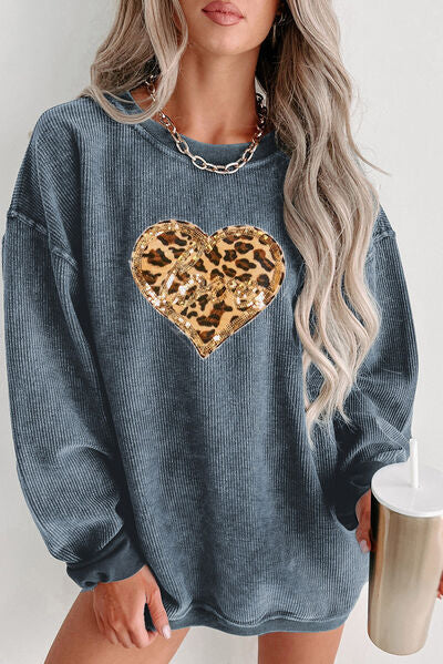 Heart Leopard Sequin Round Neck Sweatshirt - Body By J'ne