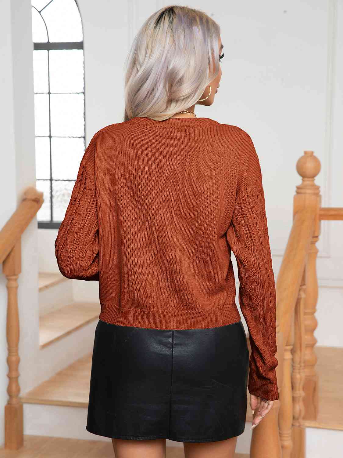 Cable-Knit Round Neck Long Sleeve Sweater - Body By J'ne