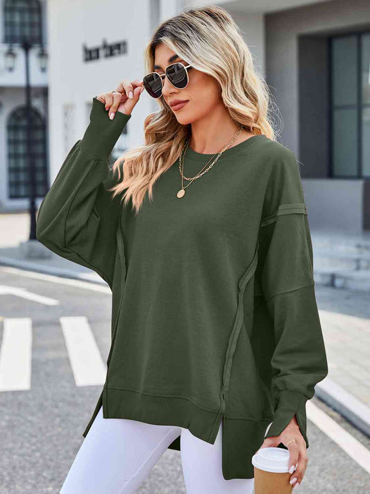 Exposed Seam High-Low Round Neck Sweatshirt - Body By J'ne