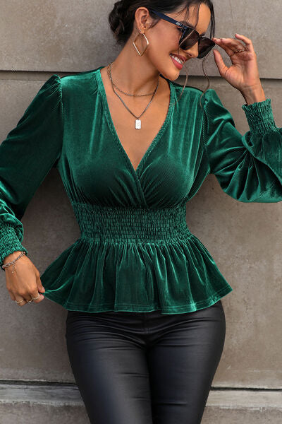 Smocked Surplice Lantern Sleeve Peplum Blouse - Body By J'ne