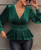 Smocked Surplice Lantern Sleeve Peplum Blouse - Body By J'ne