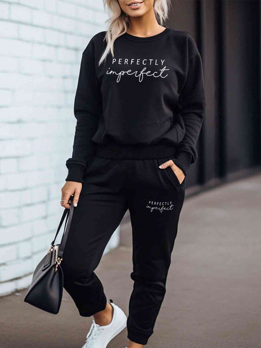 PERFECTLY IMPERFECT Graphic Sweatshirt and Sweatpants Set - Body By J'ne