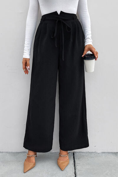 High Waist Ruched Tie Front Wide Leg Pants - Body By J'ne