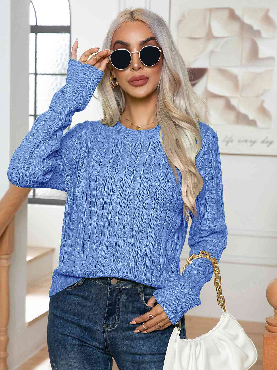 Cable-Knit Round Neck Long Sleeve Sweater - Body By J'ne