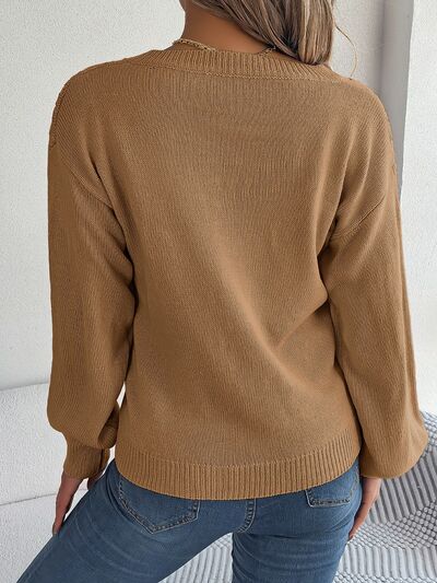 Cable-Knit V-Neck Lantern Sleeve Sweater - Body By J'ne